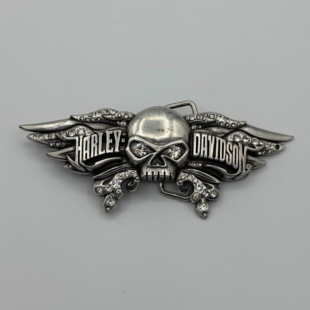 Harley Davidson Skull and Wings Rhinestone Belt Buckle Y2K